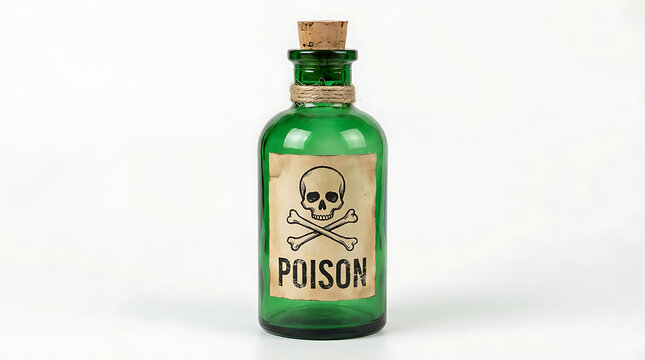 Poisonous green glass bottle featuring a skull and crossbones warning label, isolated on a white background, representing lethal toxic substance, chemical hazard, or dangerous liquid concept.