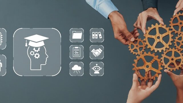 Collaboration of hands with gears and educational icons representing artificial intelligence, technology, innovation, and future learning concepts Gluon.