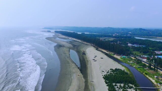 Cox's Bazar Sea Beach Aerial Drone View with Ocean Waves Crashing on Sandy Shore, Cinematic Birds Eye Video of Tropical Coastline and Marine Drive Tourism Travel Background in Bangladesh with nature