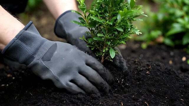 Hands in black gloves planting a green shrub into dark soil. Gardener carefully tucking a small plant into a flower bed. Horticulture and growth concept, ideal for gardening services and ads.