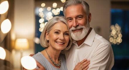 Fototapeta premium Elderly couple taking a selfie with bokeh lights background