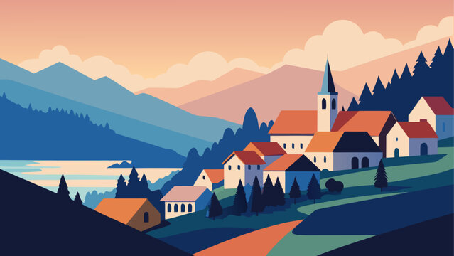 Small white church by a lake with snowy mountains at sunset