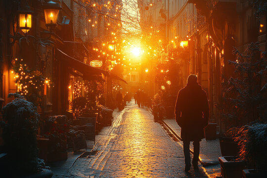Man walking down snowy street at sunset.