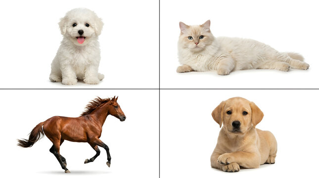 Quadriptych of Companion Animals: A charming collage featuring a playful Bichon Frise puppy, a serene Ragdoll cat, a majestic running horse, and an adorable Labrador Retriever puppy.