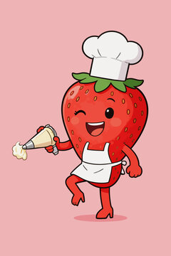 Cute Strawberry Chef Mascot Making Pastry Cream