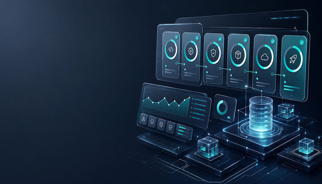 Futuristic digital data server rack with glowing blue information displays and circuits