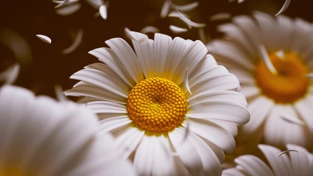 Detailed looping 3D animation of blooming white daisies, each petal moving gently in the air, producing a serene, bright, natural spring mood with a clean and airy floral feel.