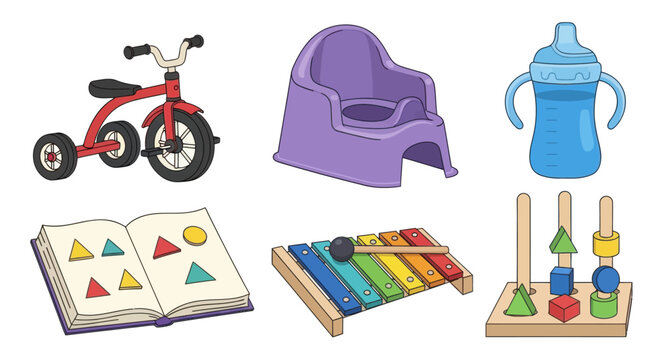 Baby items collection with tricycle potty training chair bottle xylophone and toy board.
