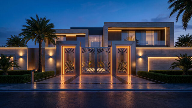 Luxury residence gate with neon ambient lights, sophisticated modern facade, symmetrical front entrance, decorative geometric steel doors, warm orange glow, blue hour sky, elegant mansion boundary wal