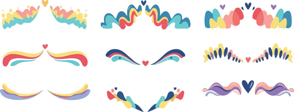 Colorful Cute Border Ornaments Set with Hearts and Abstract Waves