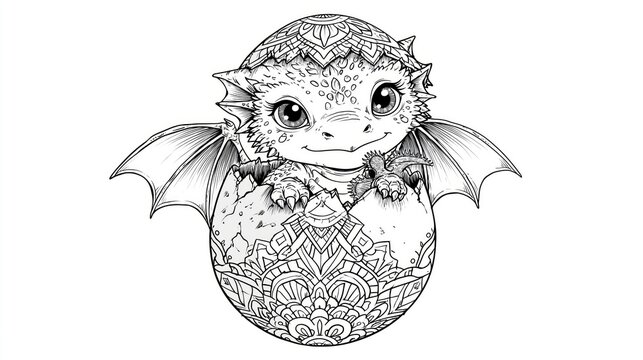Baby Dragon Hatching Adult Coloring Page, Line art illustration of a cute baby dragon hatching from a decorative egg, filled with intricate patterns suitable for adult coloring books or children's