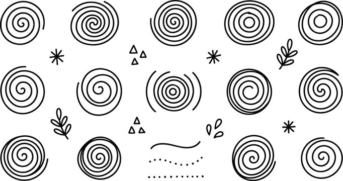 Doodle Spiral Swirl and Hand Drawn Motion Element Set Featuring Abstract Concentric Circles Whirlpool Vortex and Decorative Twirl Symbols for Graphic Backgrounds