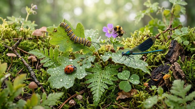 Close up photograph of a caterpillar ladybug bee and dragonfly in a lush green forest environment