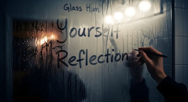 Hand writing "Yourself Reflection" on steamy glass
