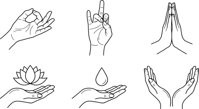 Spiritual Meditation Mudra Hand Gestures and Wellness Icon Set Featuring Lotus Flower Prayer Hands and Mindfulness Concepts for Yoga and Holistic Healing Designs