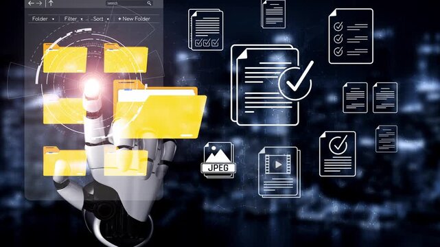 Futuristic robotic hand interacting with virtual file folders and documents, representing digital organization and technology advancements in data management systems. Sigmoid