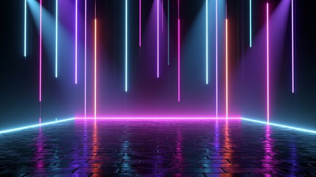 3d technology abstract neon light background, empty space scene, spotlight, dark night, virtual reality, cyber futuristic sci-fi background, street floor studio for mock up. colored geometric.