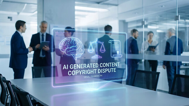 Professional office setting featuring a futuristic digital holographic interface displaying artificial intelligence content with legal copyright symbols and scales of justice icon.