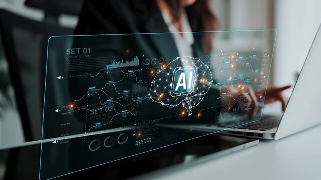 AI neural network and data processing system visualizing artificial intelligence with brain structure, chip, and connected data blocks for computation and learning Marrow