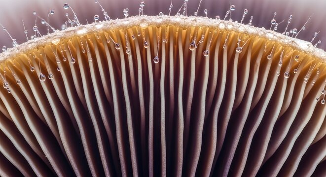 Macro shot of mushroom gills with dew drops
