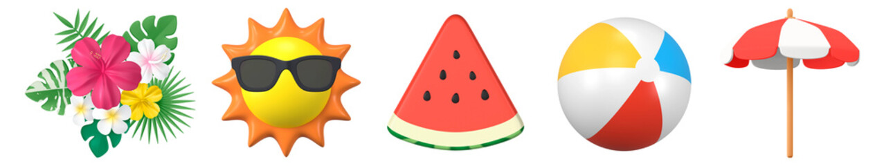 Obraz premium Colorful summer icons featuring tropical flowers, a sun with sunglasses, a watermelon slice, a beach ball, and a beach umbrella. Perfect for summer themes. Summer element isolated on white background.