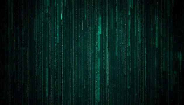 Digital matrix code falling green binary abstract technology background.