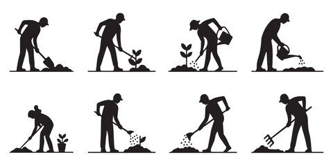 Gardening concept set featuring various flat icons showing people planting seeds watering plants using shovels rakes and garden tools for professional work. © MONSUR.99
