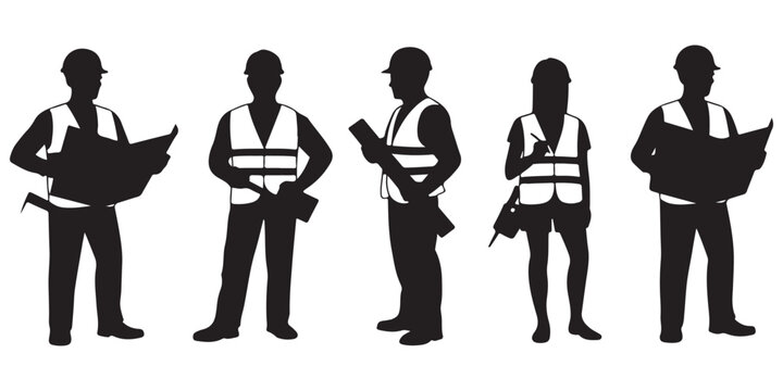 Professional engineering group silhouettes wearing safety vests and hard hats holding construction blueprints for building development project planning work.