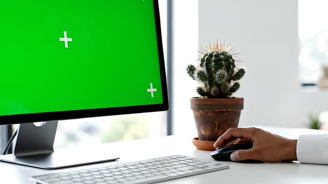 Person using computer with green screen and cactus on desk.