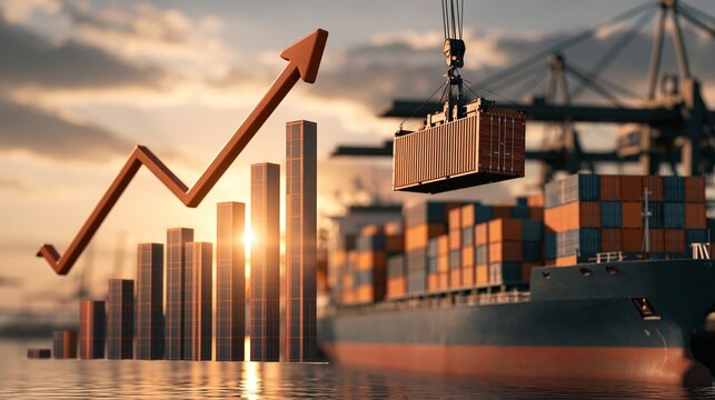 Cargo ship, cargo container work with crane at dock, port or harbour. Freight transport with up arrow, increase graph or bar chart. Concept for export, growth market, trade, profit, demand and supply.