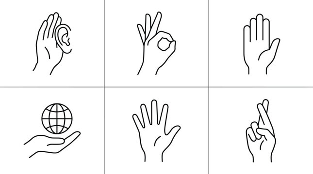 Human Hand Gestures and Communication Sign Icon Set Featuring Listening Ear, Okay Sign, Crossed Fingers, and Globe Concepts for UI, Web, and Apps