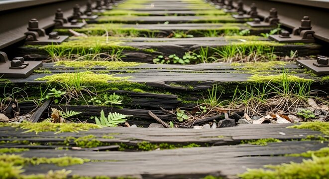 Close-up of old wooden railway sleepers covered in moss and grass