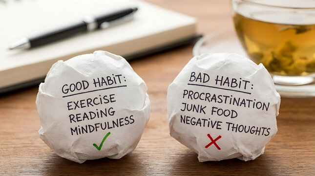 Crumpled white paper textured surface representing good habit versus bad routine concept for personal growth transformation decision making motivation and mental health awareness improvement.