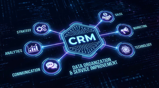 Customer Relationship Management CRM Glowing Digital Icon Illustrating Strategy Analytics Communication Sales Marketing Technology Visualizing Data Organization Enterprise Service Improvement