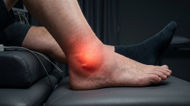 A close-up shot of a person's swollen and painful ankle with a red glow indicating inflammation or injury, possibly undergoing medical examination or treatment.