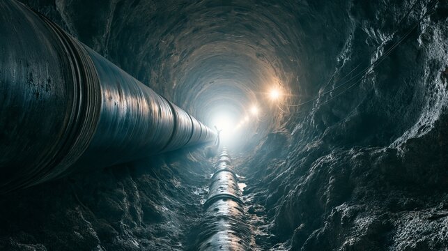Confined space inside underground tunnel. Construction from engineering technology for infrastructure i.e. power line or cable, steel pipe in perspective view. To transport water, gas and electricity.