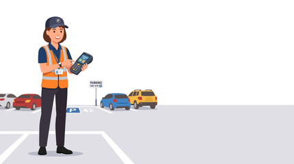 A parking enforcement officer standing in a parking lot holding a handheld device. © Abid_Dilnawas