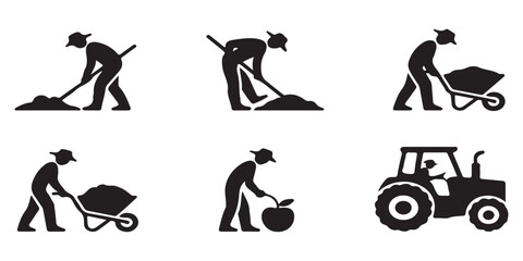 Agricultural labor silhouettes including garden workers with shovels wheelbarrows tractor driving apple picking and soil cultivation process set of six. © MONSUR.99