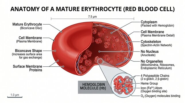 Detailed anatomical illustration of a mature erythrocyte (red blood cell) showing its biconcave shape, internal structures, and hemoglobin molecule.