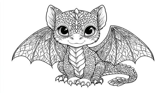 Cute Intricate Baby Dragon Coloring Page, Adorable baby dragon line art illustration with intricate zentangle and mandala style patterns. Perfect for coloring books, relaxation, mindfulness, art