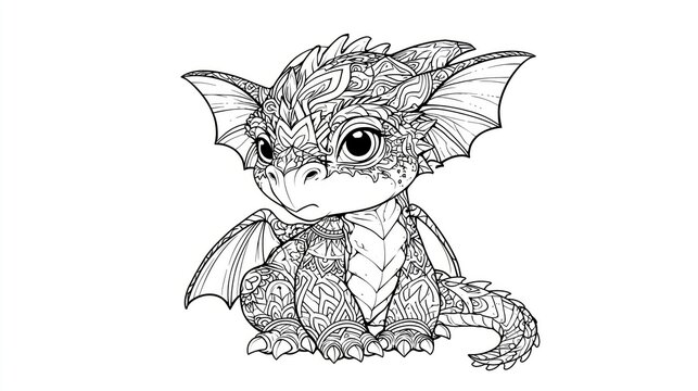 Cute Intricate Baby Dragon Coloring Page, Adorable baby dragon line art illustration with intricate zentangle and mandala style patterns. Perfect for coloring books, relaxation, mindfulness, art