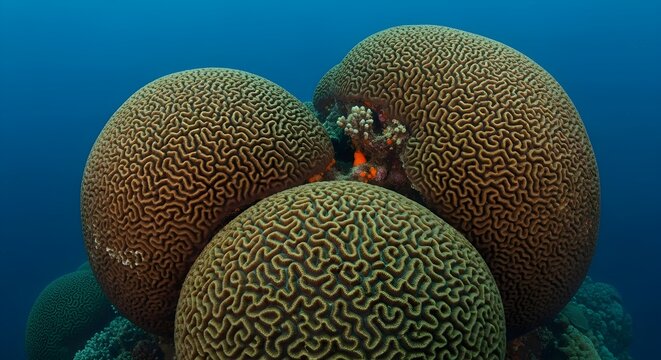 Close-up of large, textured brain coral formations in clear blue ocean water