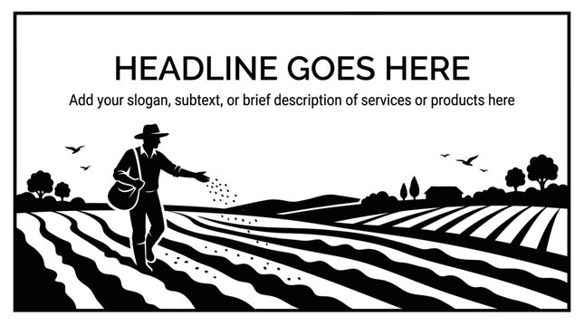 A silhouette of a farmer sowing seeds in a field for an agricultural business card design.