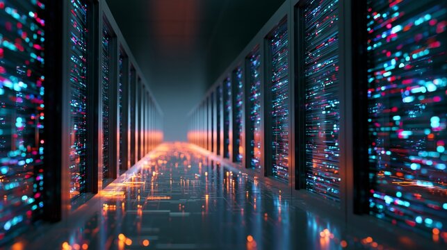 Data center. abstract digital warehouse. Server room of clouds computing technology. Server farm communication with internet. Network connection and information exchange lights glow in the dark.