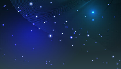 無数の光粒子が浮遊する未来的な宇宙空間と流線ラインが広がるテクノロジー系デジタルウェーブ背景イラスト © j