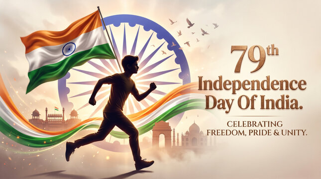 Indian Independence Day 79th Anniversary Design with Patriotic Runner and Waving National Flag