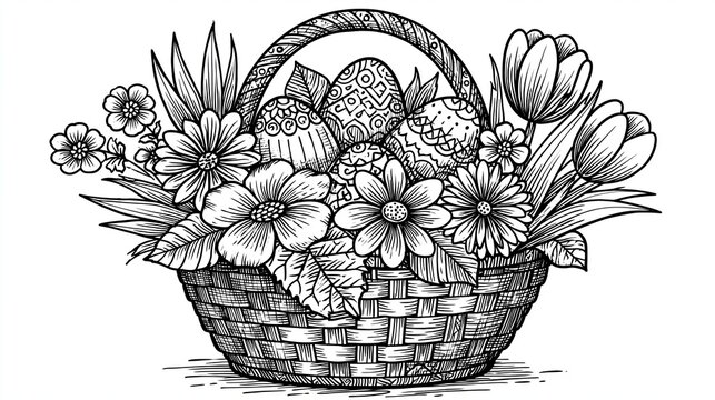Easter Basket with Floral Decoration in Zentangle Pattern Line Drawing