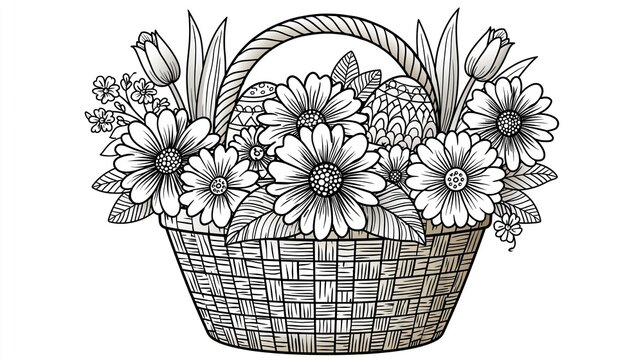 Easter Basket with Floral Decoration in Zentangle Pattern Line Drawing
