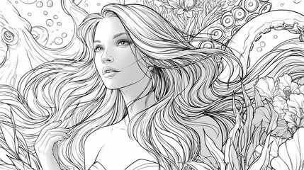 Fototapeta premium Enchanting Line Art Illustration of a Mermaid with Octopus Elements, Surrounded by Ocean Plants, Ready for Coloring and Creative Expression.