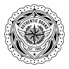 Obraz premium Vintage Authentic Brand Emblem with Laurel Wreath and Compass Design Isolated on White